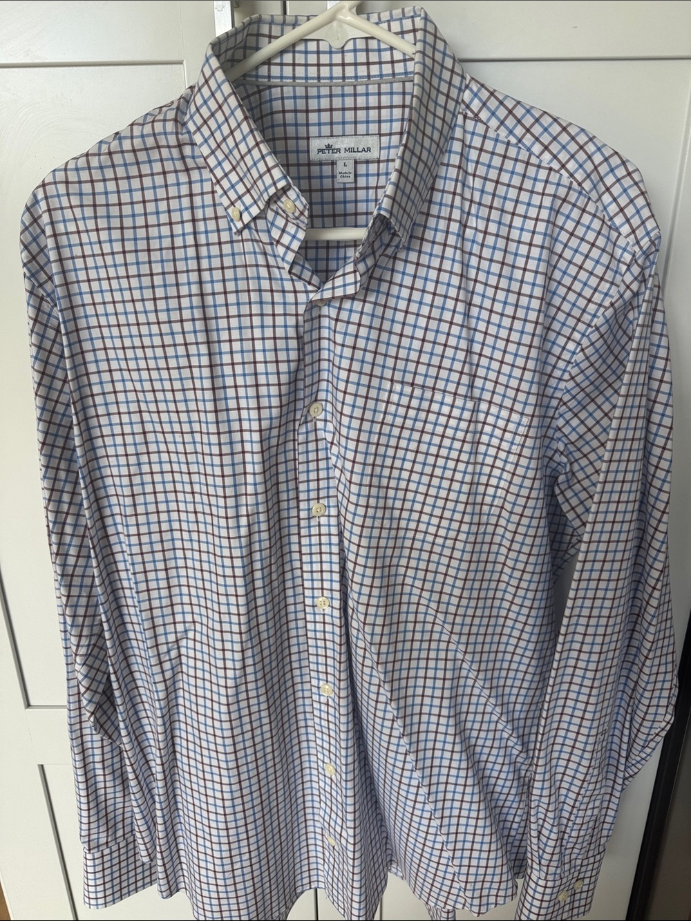 Peter Millar White Button-Down Shirt with Blue and Brown Windowpane
